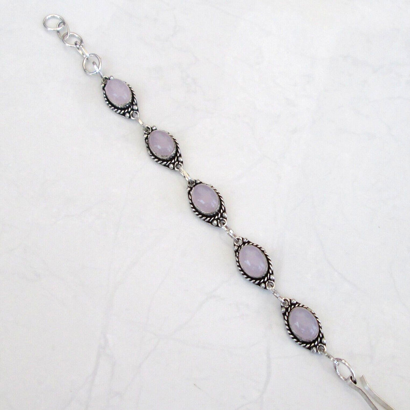 Auction jewelry pink rose quartz stone silver plated bracelet Sz 8"/adjustable gallery