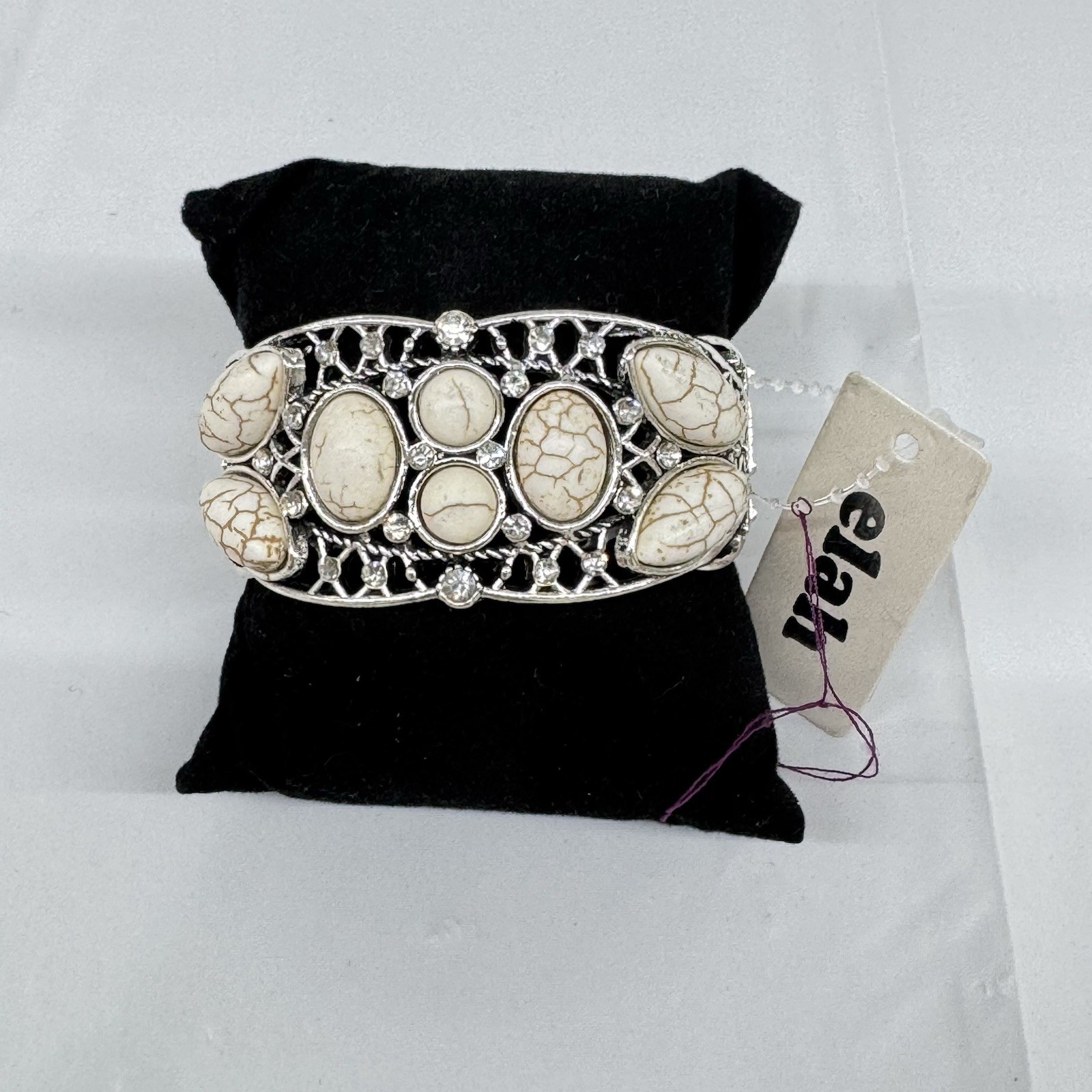 Elah Stretch Bracelet Lacy Antiqued Silvertone Natural Color Stone Aztec Western gallery