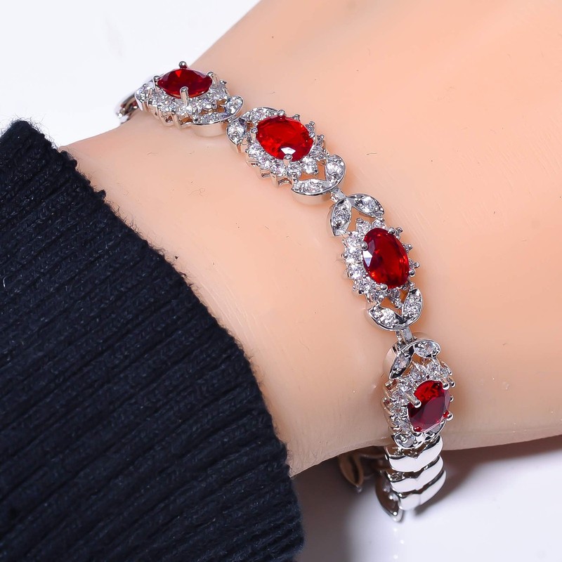 Red Garnet & Cubic Zirconia 925 Sterling Silver Tennis Bracelet 7.99" B73124 gallery
