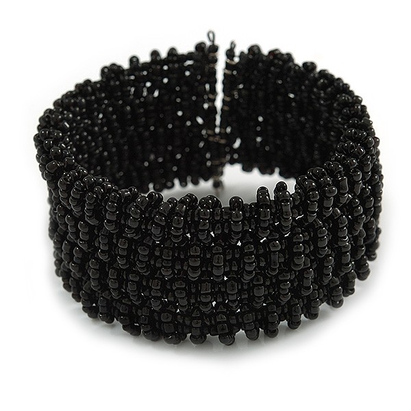 Trendy Black Glass Bead Flex Cuff Bracelet - Adjustable
