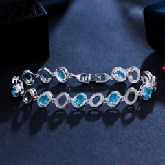Fashion Brand Light Blue Cubic Zirconia Oval Round Chain Wrist Bracelet Bangle