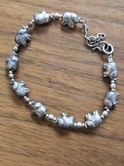 Vintage Sterling Silver 3D Elephant Charm Linked Bracelet 7” Not Stamped