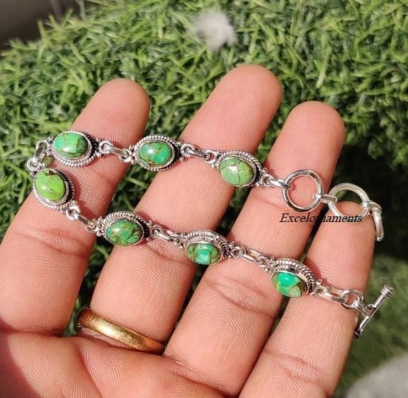 Green Copper Turquoise Gemstone 925 Sterling Silver Handmade Pretty Bracelet RK* gallery