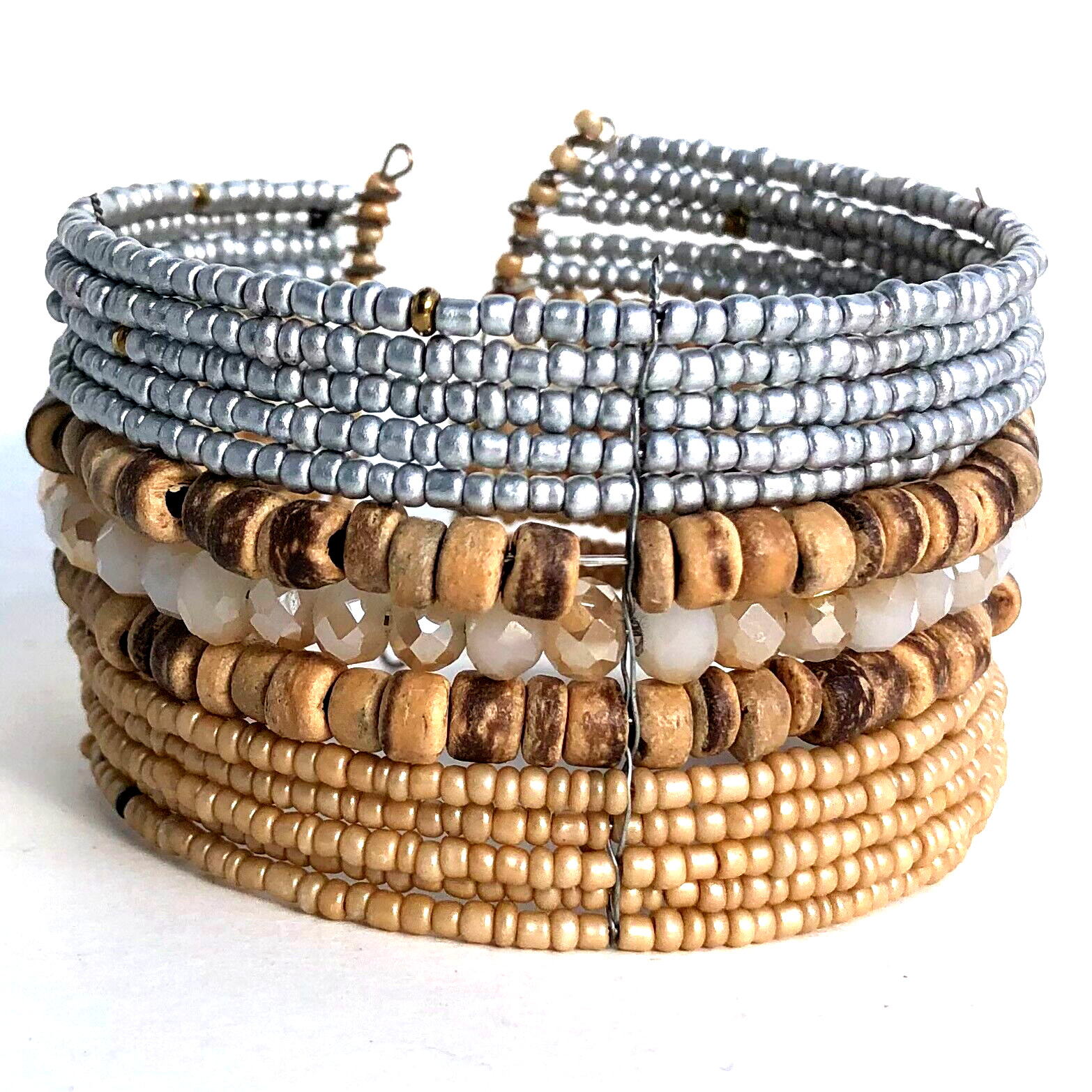 wide cuff bracelet beaded wire natural tan gray silver seed beads boho casual gallery