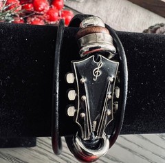 🎸New! Unisex Black Enamel Guitar Head Black PU Leather 8” Rope Bracelet w Stain