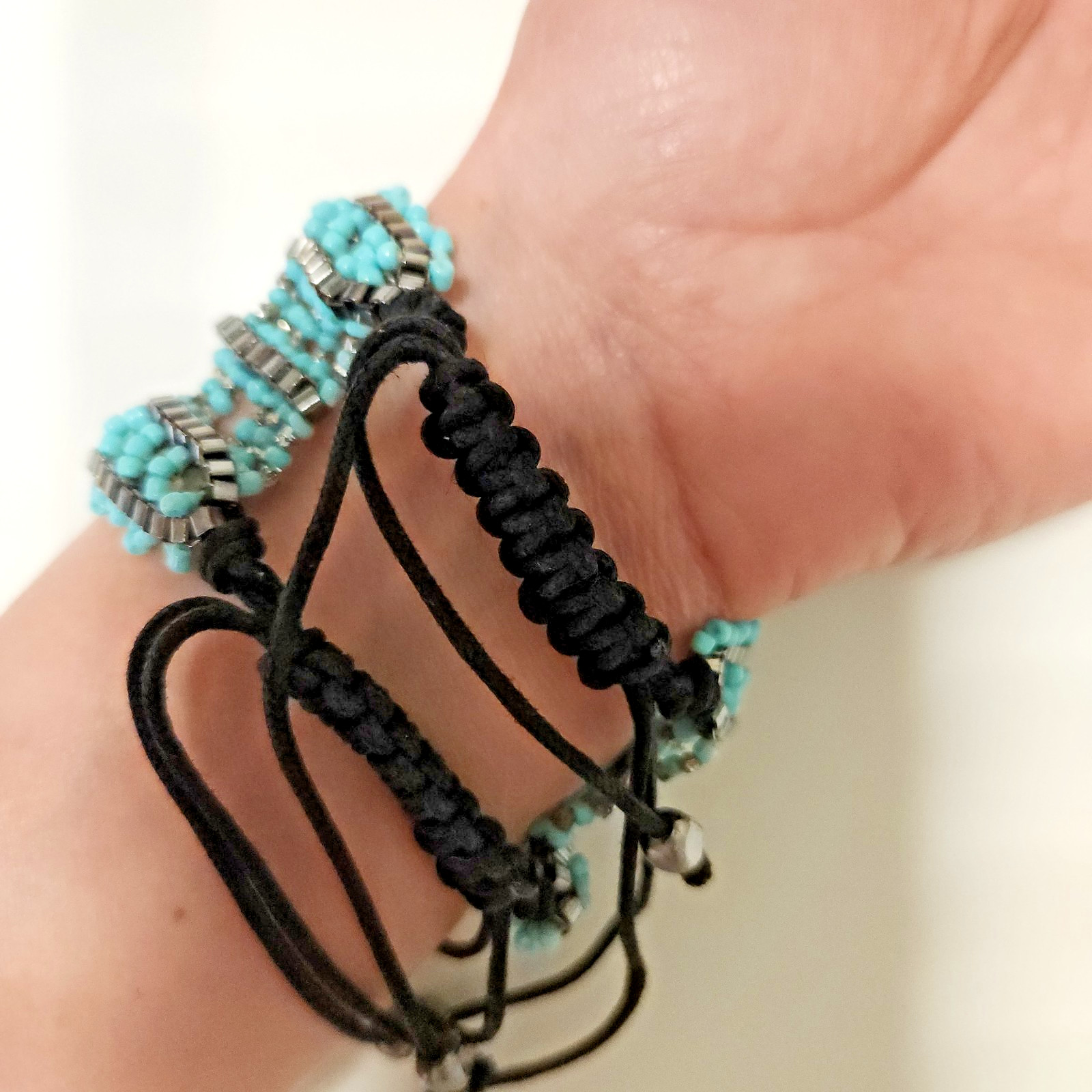 Boho Turquoise & Hematite Beaded Wide Cuff Bracelet | Adjustable Macramé Tie gallery