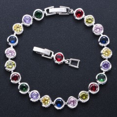Round Rainbow Cubic Zirconia Silver Plated Tennis Bracelet Women Wedding Jewelry