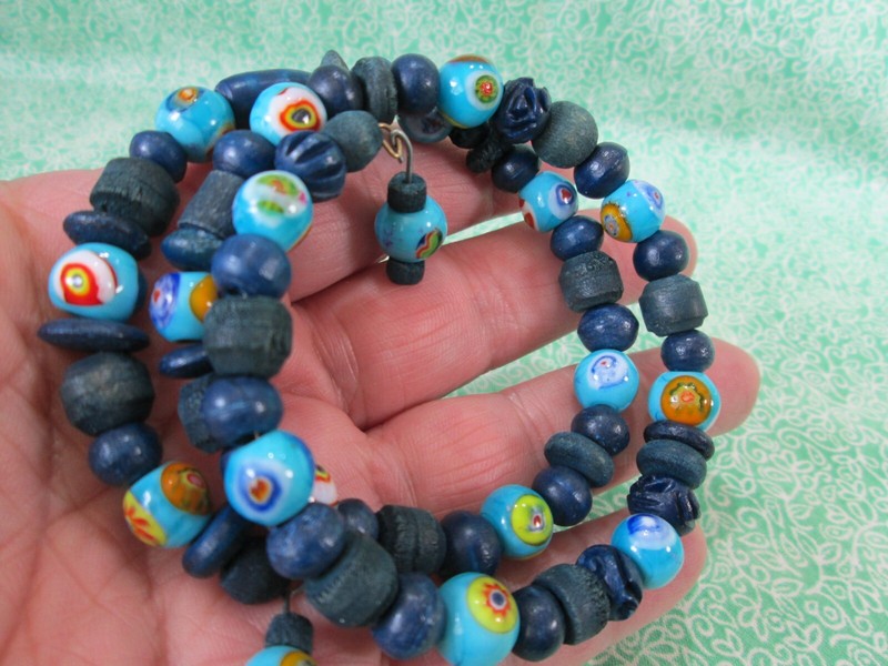 Handmade Wood & Glass Bead Memory Wire Wrap Bracelet / Light & Dark Blues gallery