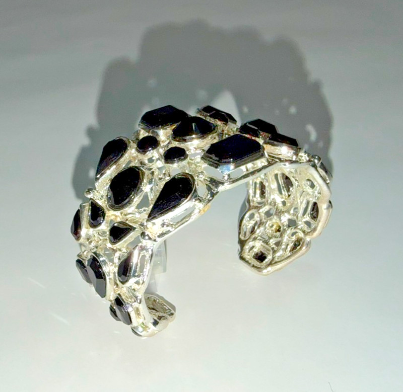 Statement Silver Cuff Bracelet w/Black Stones, Breathable Raised Prong Setting gallery