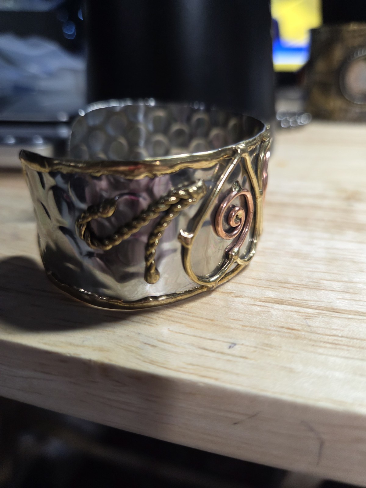 Wide Mixed Metal Heart Cuff Bracelet Gold Copper Silver Tone Scroll 7.25" gallery