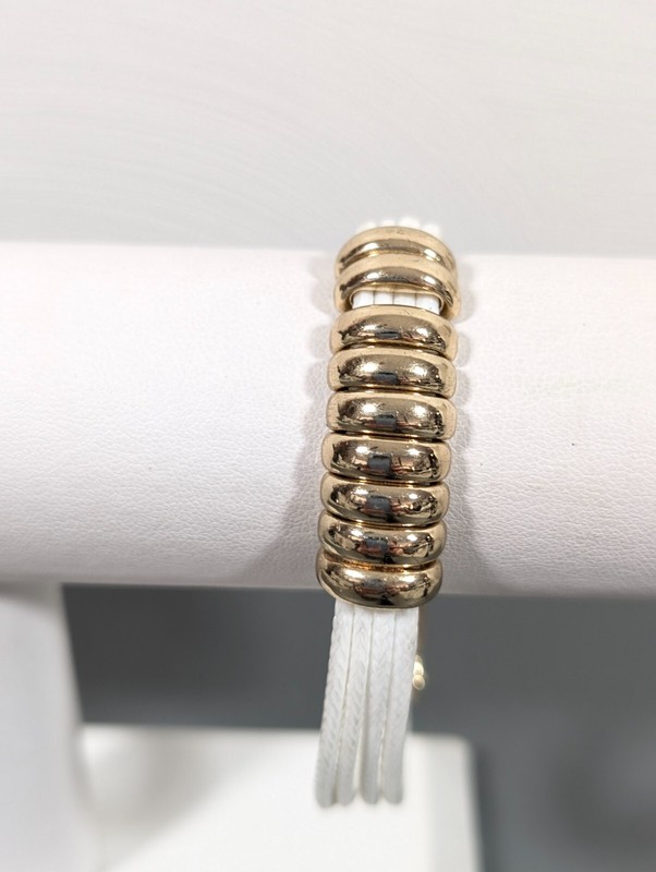 Boho White Multi Cord Gold Tone Slide Charm Magnetic Clasp Bracelet 6.5 in gallery