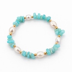Turquoise White Gold Beaded Stretch Bracelet Stone Pearl Round Ball/Bead