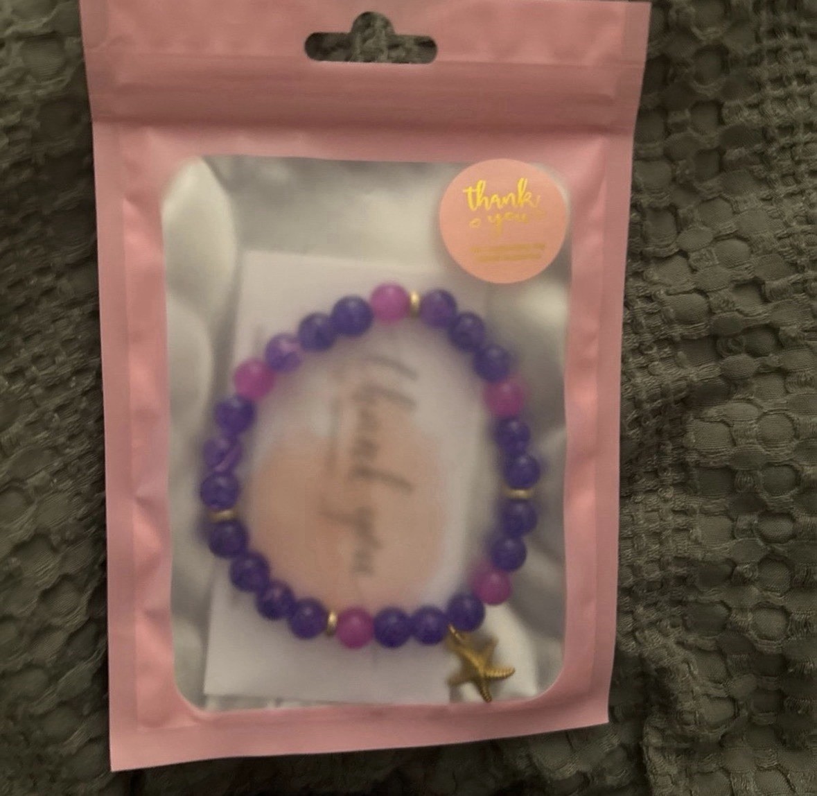 Handmade Purple Glass Beaded Stretch Bracelet, Gold Tone Starfish Dangle Charm gallery