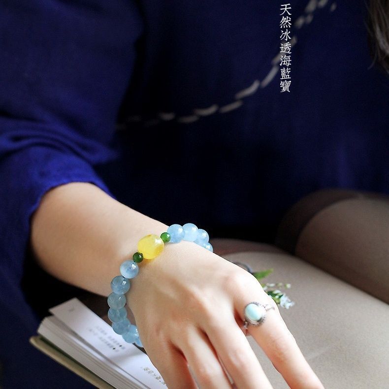ice transparent sea blue treasure crystal bracelet with beeswax light blue gallery