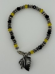 Yellow & Black Glass Crystal Faceted Bead Bracelet Antiqued Indian Chief Charm