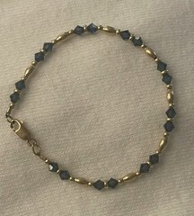 14k Gold Plated Bracelet Bicone Dark Blue Faceted Crystals & GF Barrel Beads 7”