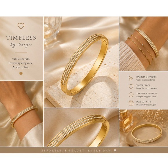 18K Gold Plated Stainless Steel Cubic Zirconia Bangle Bracelet gallery