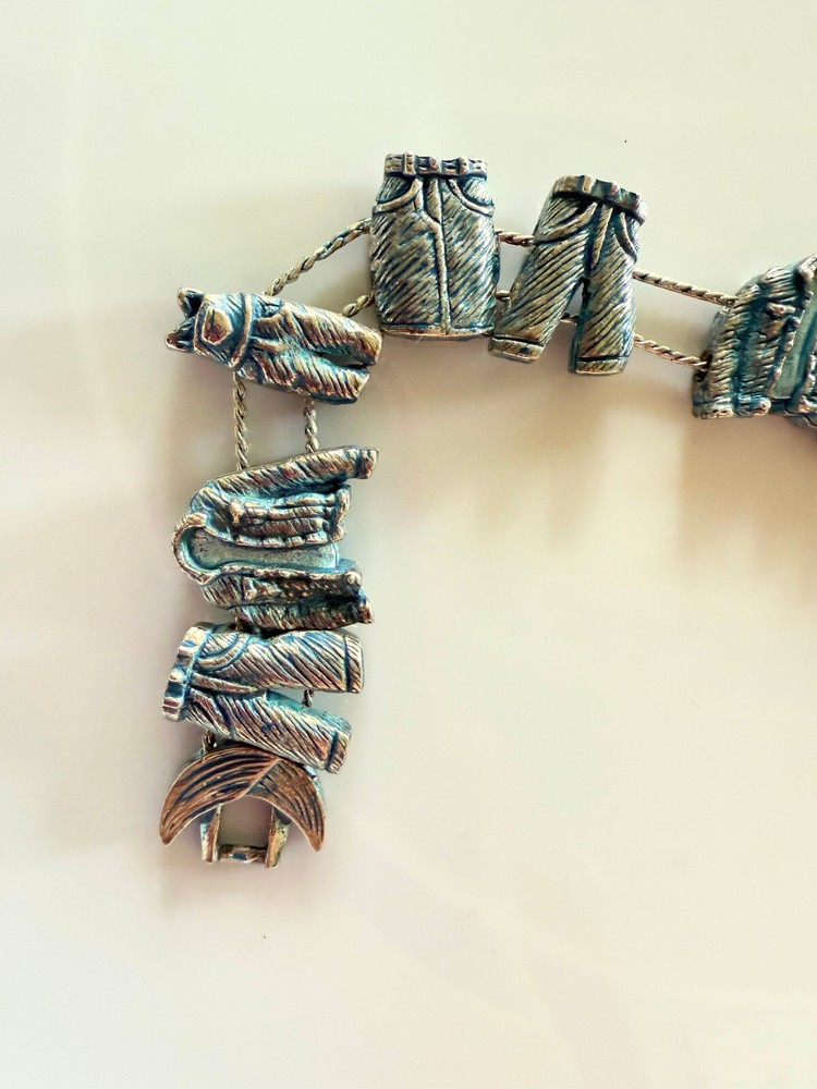 Vintage charm slide bracelet blue jeans clothing metal silver teal tone sliding