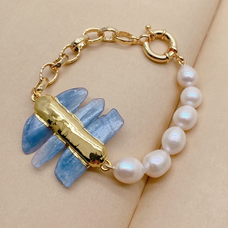 Cultured White Rice Pearl Kaynite Bracelet Blue Gemstone Jewelry gallery