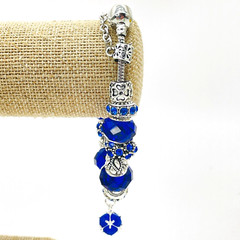 Slide Charm Bracelet Blue Beaded Silver Tone Rhinestones Glam Bling Sparkle
