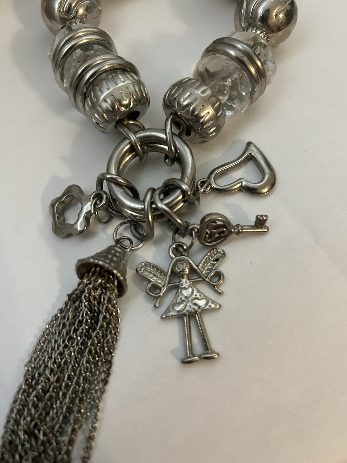 Chunky Silver Tone Charm Bracelet Large Beads Crystal Tassel Angel Key Toggle gallery
