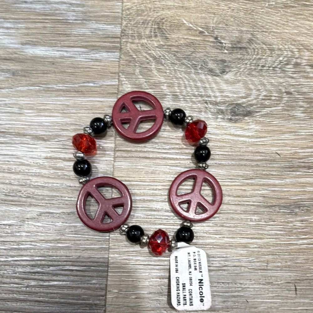 Nicole Red & Black Beaded Stretch Bracelet w/ Silver Peace Dangle Charm