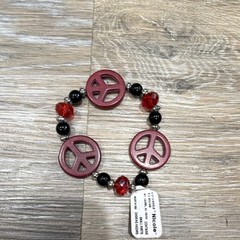 Nicole Red & Black Beaded Stretch Bracelet w/ Silver Peace Dangle Charm