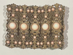 Vtg Faux Pink Pearl Beaded Cuff Wide Stretch Bracelet with Gold Tone Filigree