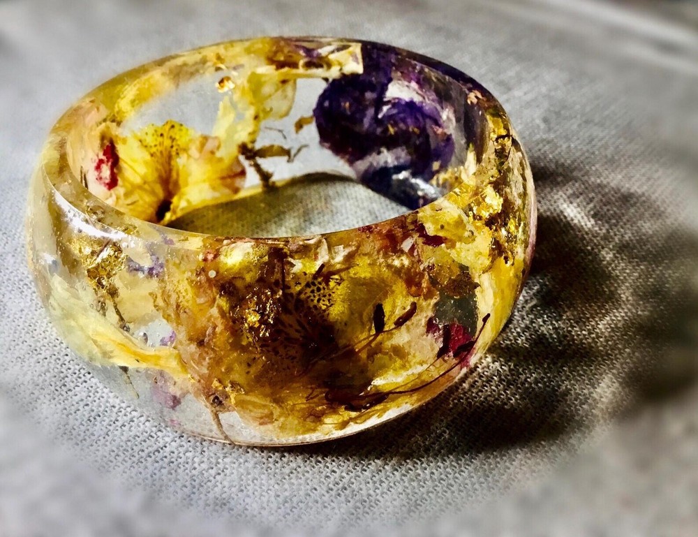 Rhododendron Bangle | Real Flowers Resin Bracelet with Yellow & Purple Blooms |