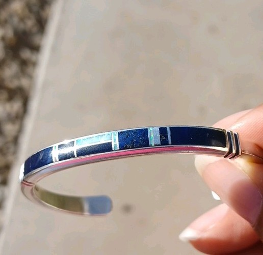 Handmade Navajo 925 Sterling Silver Cuff Bracelet Lapis Lazuli, White Opal Inlay gallery