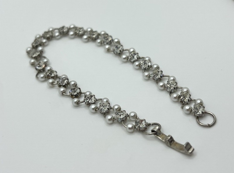 Vintage Silver Tone Double Row Faux Pearl Rhinestone Bracelet Fold-Over Clasp gallery