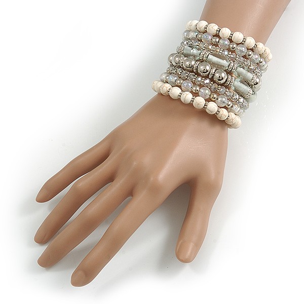 Wide Coiled Ceramic, Acrylic, Glass Bead Bracelet (White, Silver, Transparent) gallery