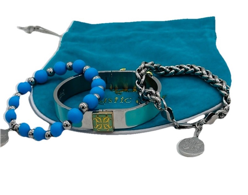 Rustic Cuff 3pc Stacker Bracelet Set Silvertone Turquoise Grace Faith Stack gallery