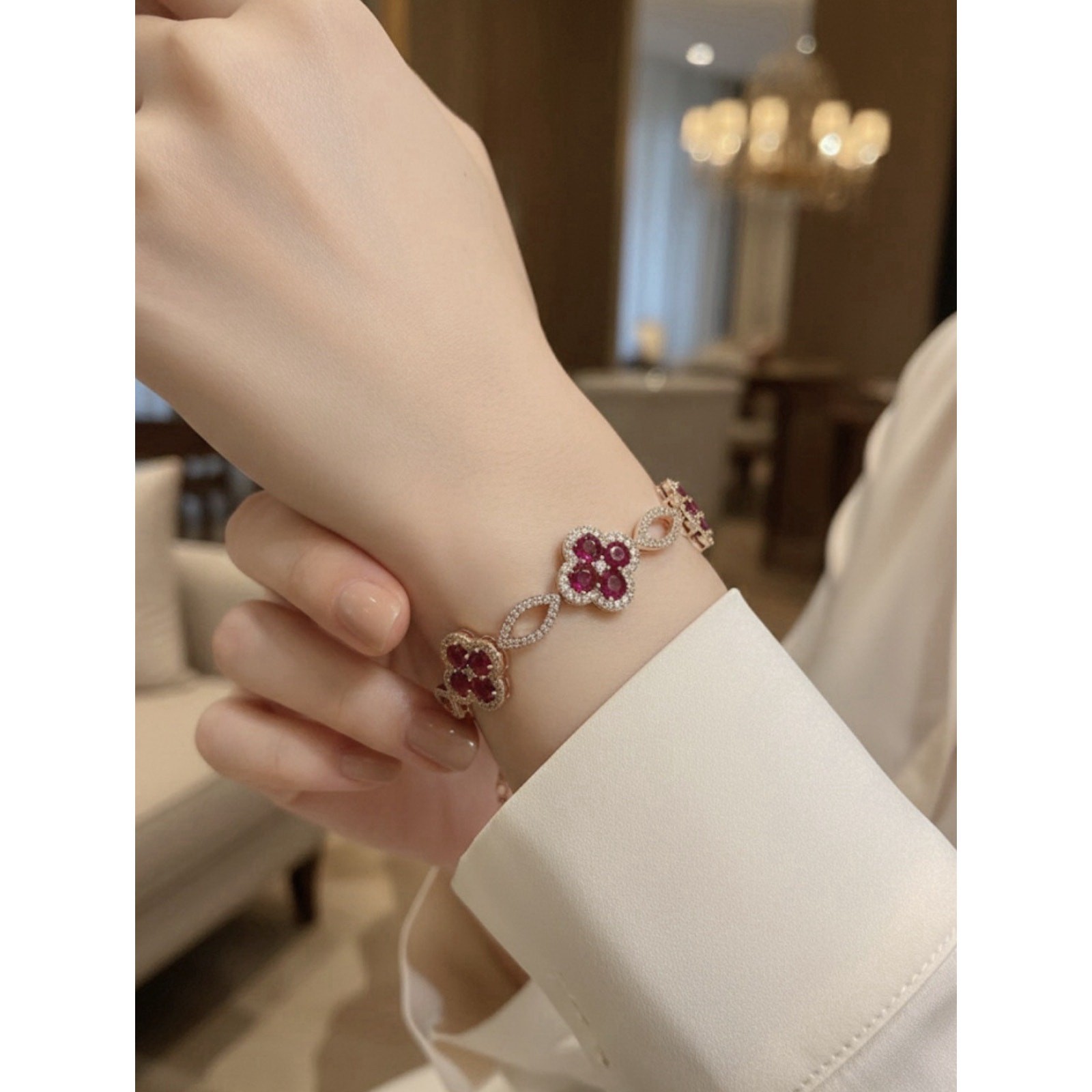 Women’s Goldtone Cubic Zirconia and Red Cloverleaf Gemstone Bracelet gallery