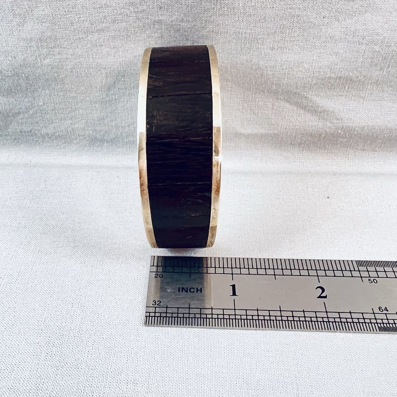 Vintage Wood Panel Inlay Metallic Cuff Bracelet Dark Brown Adjustable *tiny flaw gallery