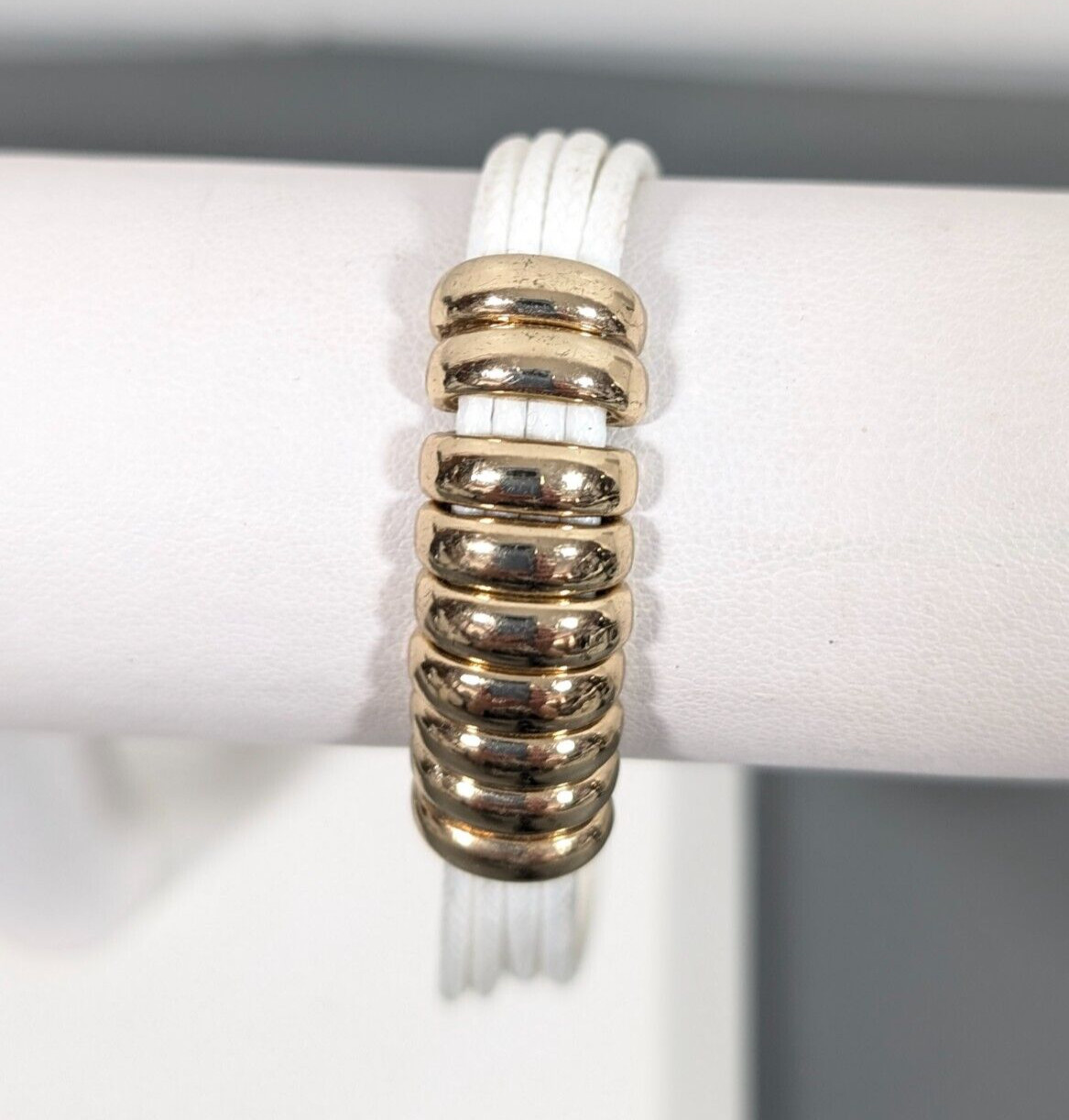 Boho White Multi Cord Gold Tone Slide Charm Magnetic Clasp Bracelet 6.5 in gallery