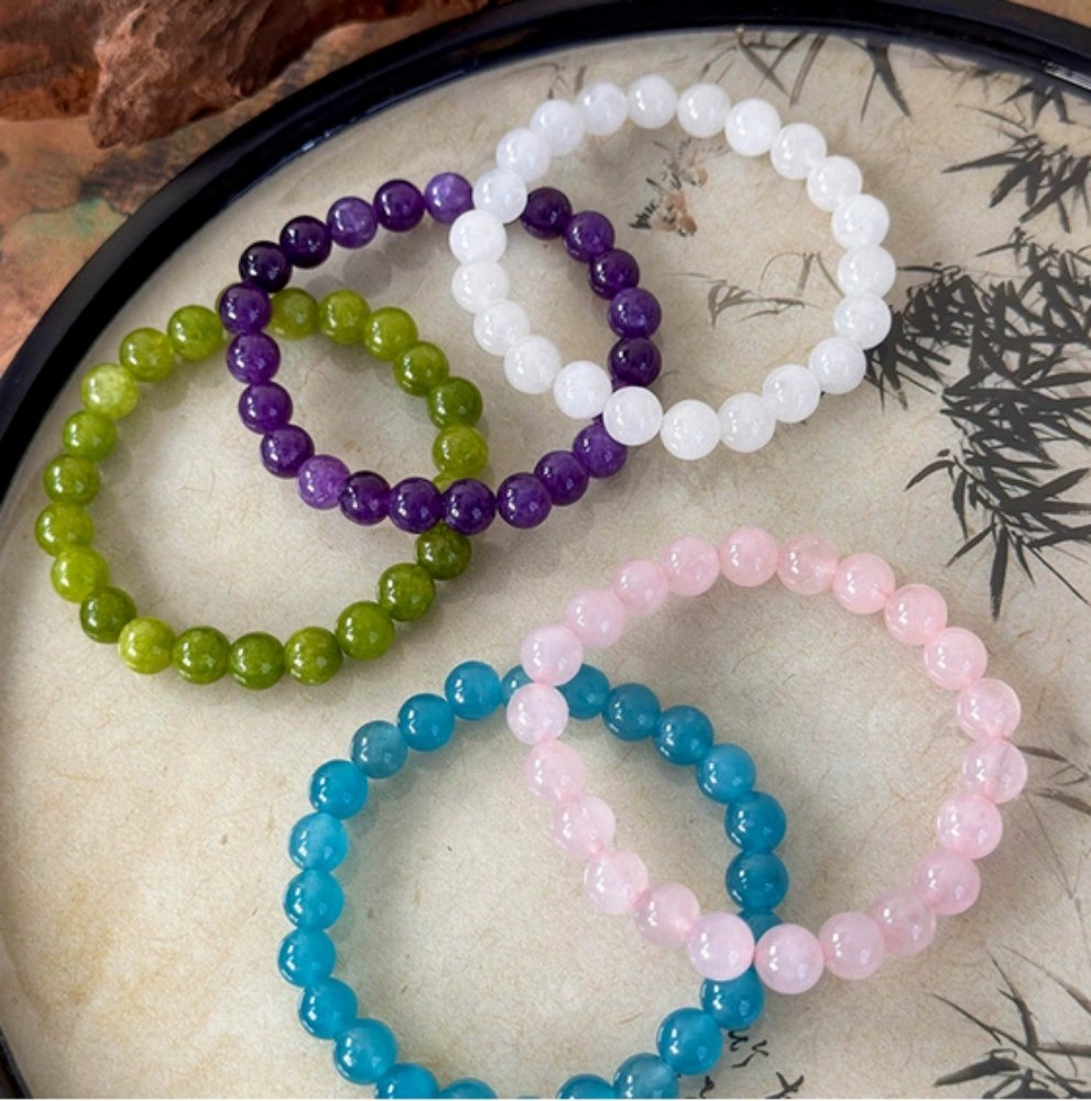 New Beautiful Natural 5pc 8mm Colored Jade Round Gems Beads Bracelet 7.5in