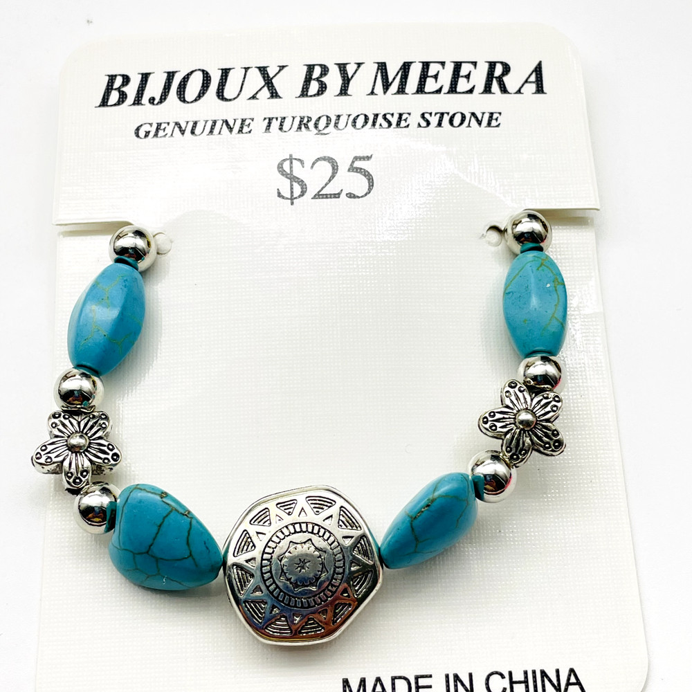BIJOUX BY MEERA Turquoise Beaded Bracelet Silver Tone Ethnic Native Tribal SW