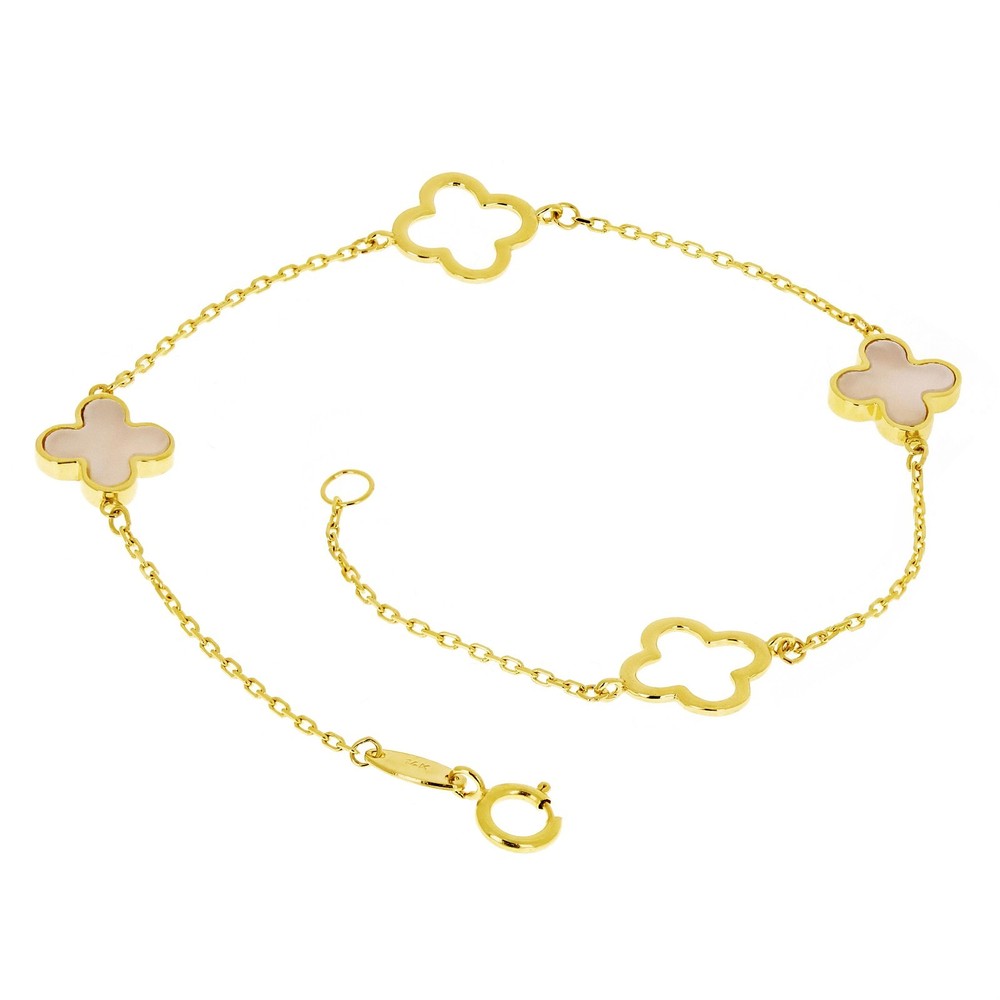 Italian 14k Yellow Gold Mother of Pearl Flower Charm Station Bracelet 7" 1.8gram