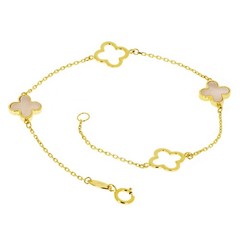 Italian 14k Yellow Gold Mother of Pearl Flower Charm Station Bracelet 7″ 1.8gram