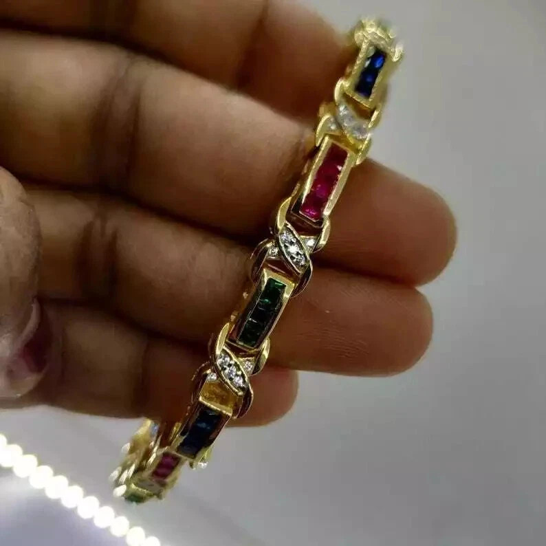 7.12 Ct Princess Cut Simulated Sapphire Tennis Bracelet 14K Yellow Gold Plated gallery
