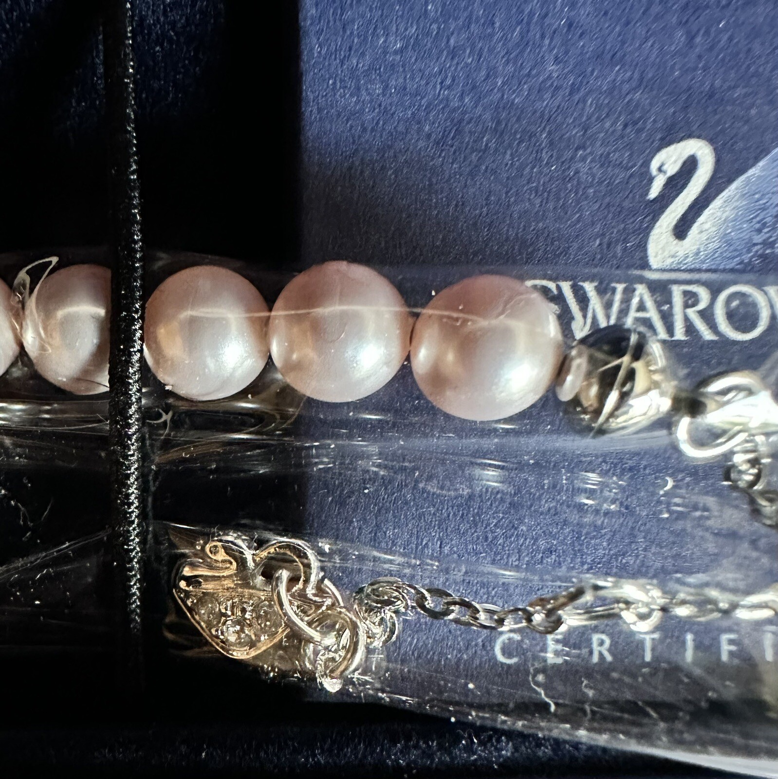 SWAROVSKI Swan Signed Pink Pearl And Crystal Breast Cancer Ribbon Bracelet NIB gallery