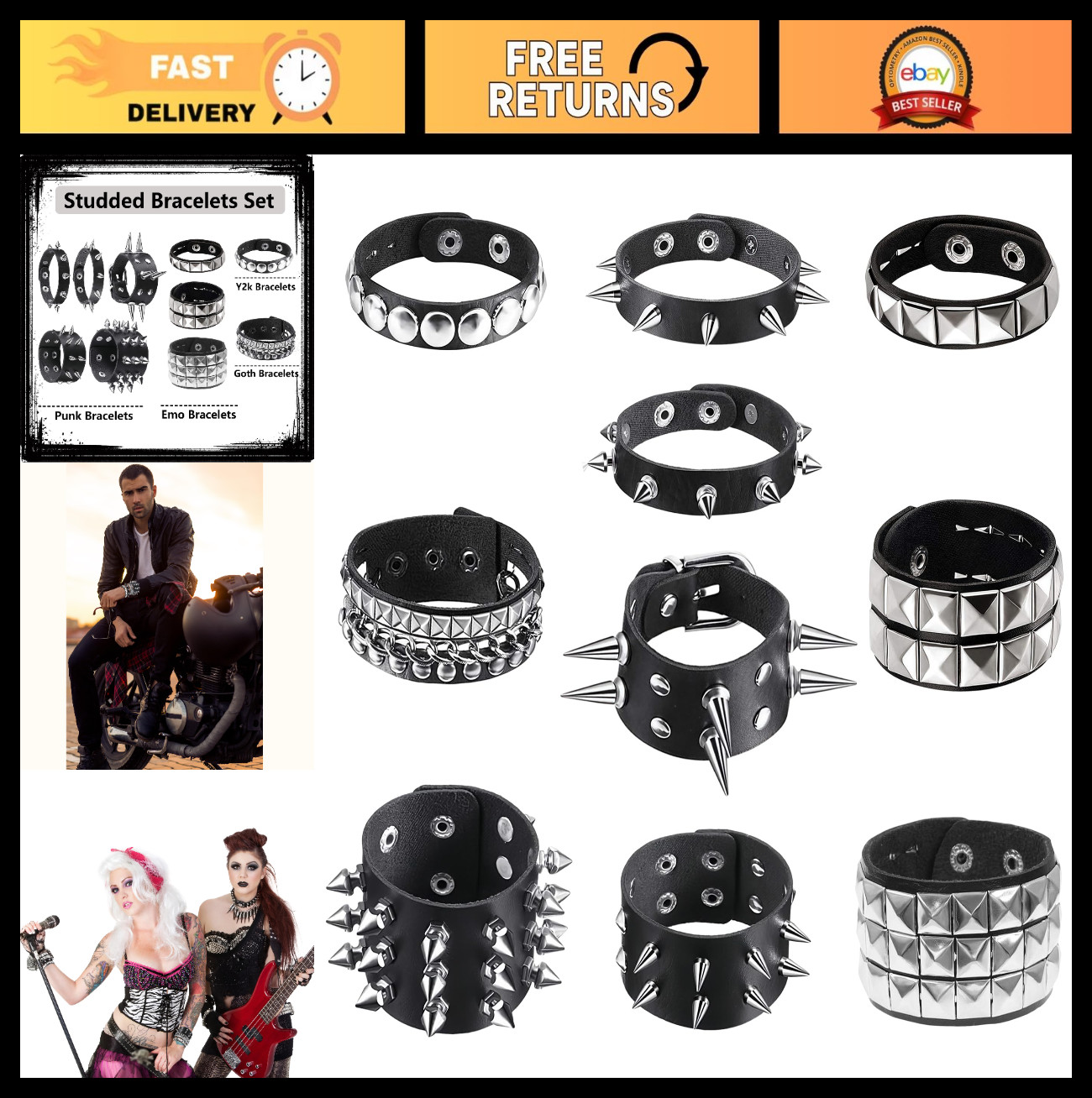 10 Pcs Spiked Leather Bracelets, Emo Punk Cuff Rivet Accessories for Men & Women gallery