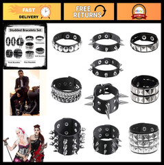 10 Pcs Spiked Leather Bracelets, Emo Punk Cuff Rivet Accessories for Men & Women