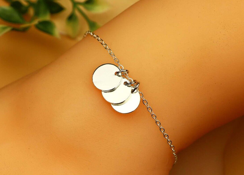 Coin Anklet Gift for Bridesmaids Personalized Letter Disc Bracelet Silver Plated gallery