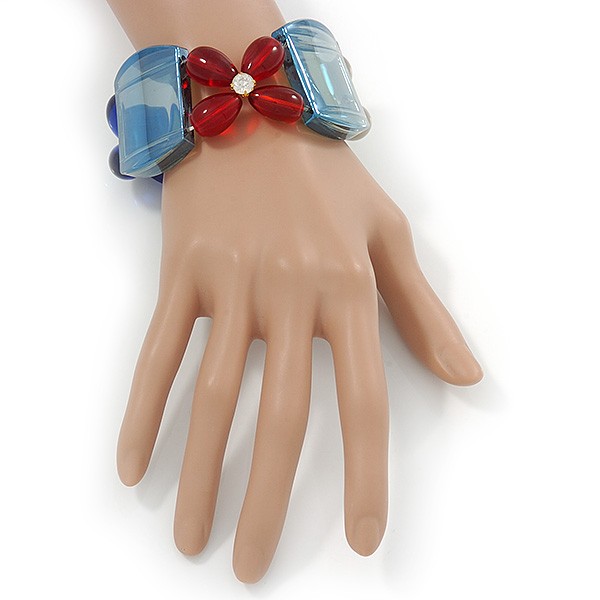Blue, Red, Cream Floral Resin Stretch Bracelet - up to 20cm L gallery