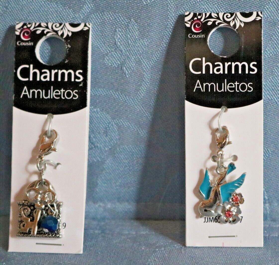 2 Charms Bird Blue Wings Lock Key Rhinestone Cousins.com Lobster Claw Closure gallery