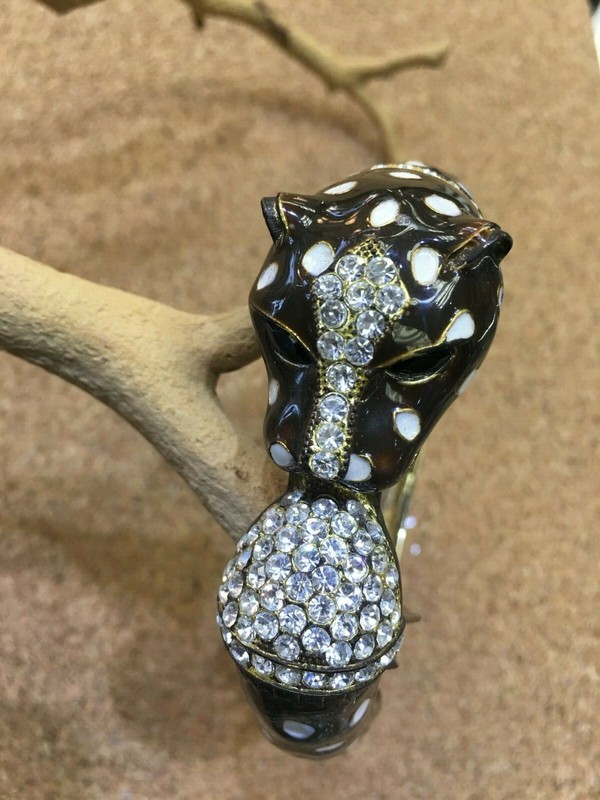 LEOPARD JAGUAR BANGLE CUFF SILVER TONE BRACELET BLACK ENAMEL SPARKLE RHINESTONE gallery