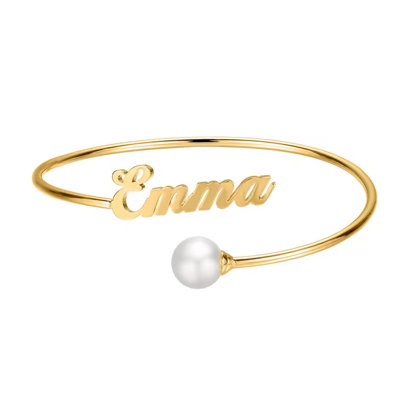 Custom Name Pearl Bracelet Stainless Steel Jewelry Adjustable Bangle Silver Gold gallery