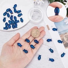 5 Fish Beads Charms Glass Dark Blue 3D 2 Sided Aquatic Findings 15mm